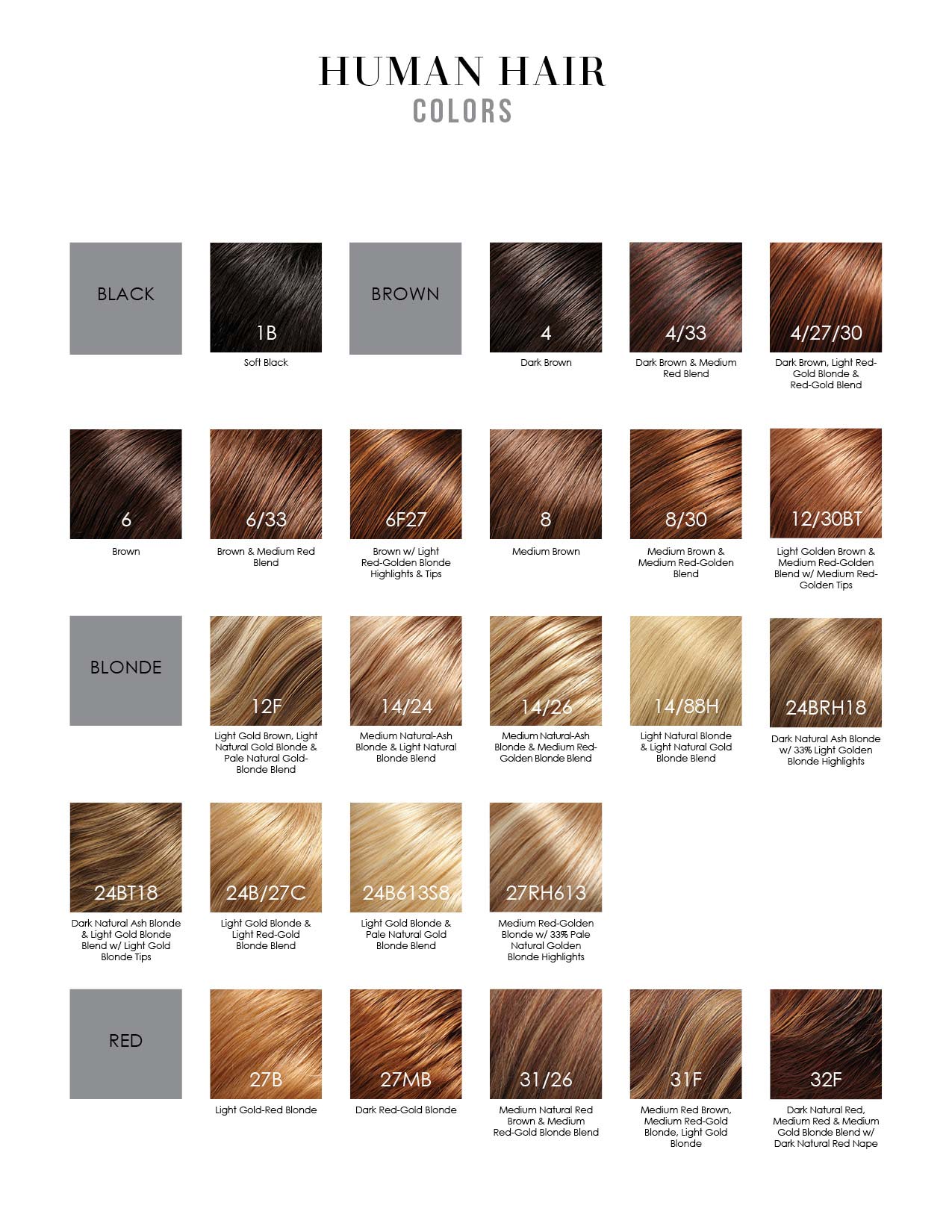 Human Hair Wig Hair Color Chart