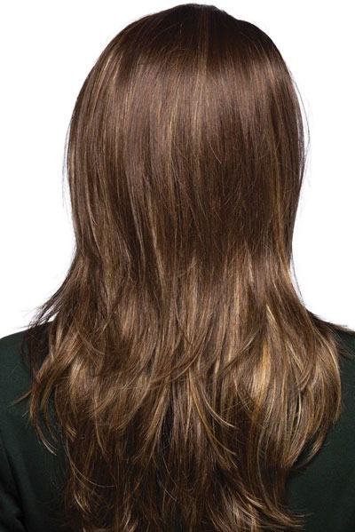 Back of woman with brown synthetic wig.