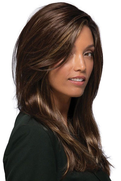 Side shot of Woman with brown synthetic wig